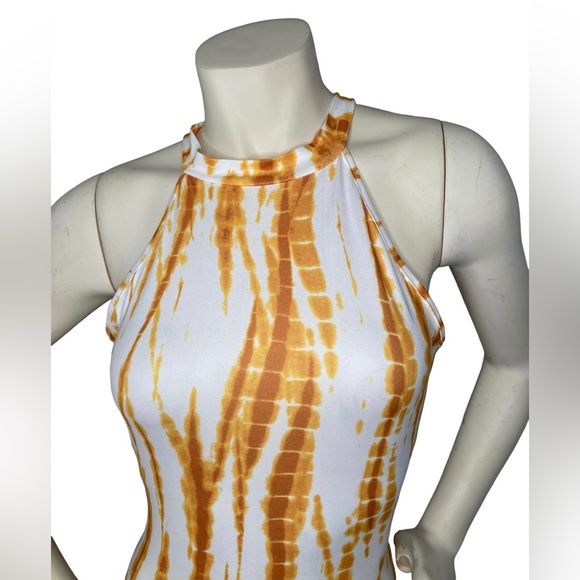 UNBRANDED Yellow/White Tie Dye Racerback Halter Mermaid Fitted Cutout Maxi Dress - Picture 8 of 13
